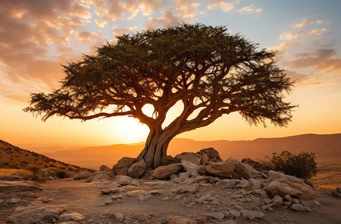 Die Silhouette eines gedrungenen Weihrauchbaumes vor Sonnenuntergang über der Wüste