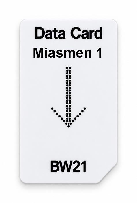 Frequenz-Chipcard Miasmen 1 für BW21 Zapper – weiße Datenkarte mit Aufdruck Data Card und BW21, Kürzel Miasmen 1 und Punktpfeil für die Einsteckrichtung