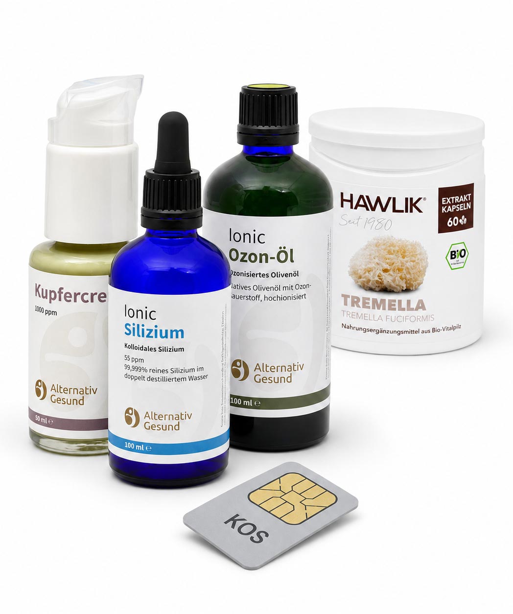 Beauty Bundle von Alternativ Gesund mit kolloidalem Silizium, Kupfercreme, ozonisiertem Olivenöl, Tremella Vitalpilz und KOS ChipCard als Produktgruppenbild auf weißem Hintergrund.