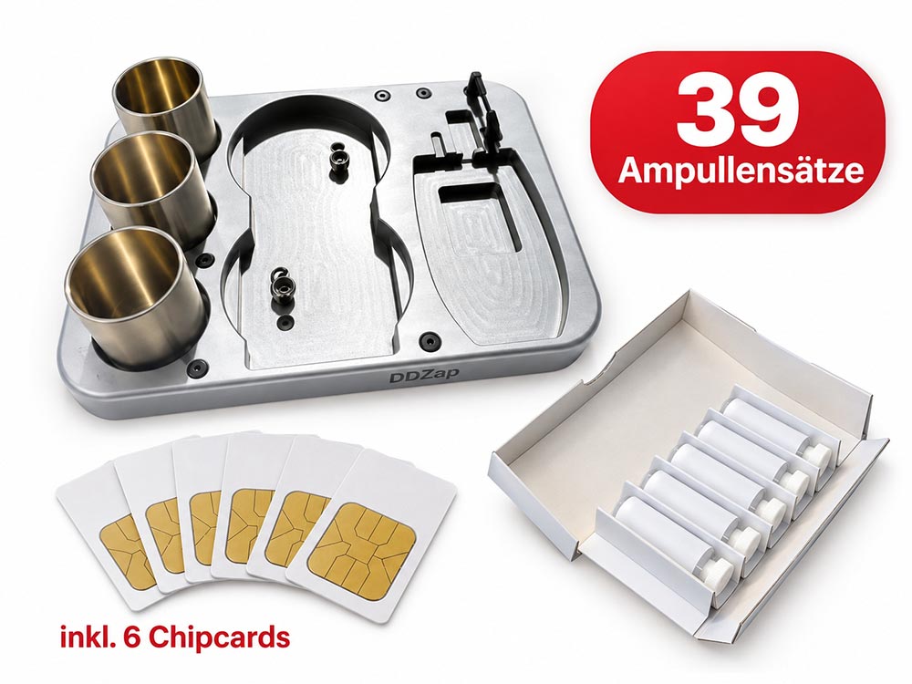 DDZap Start Pack mit Bioresonanz-Grundplatte, 3 Metallbechern, DDZap-Ampullensatz und 6 Chipcards. Set mit insgesamt 39 Ampullensätzen.