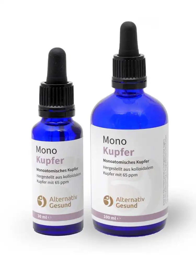Monoatomic Copper from Alternativ Gesund ✓blue glass bottles in 30ml or 100ml ✓ made from 65 ppm colloidal copper ✓ 18 months shelf life ✓ Very high yield.