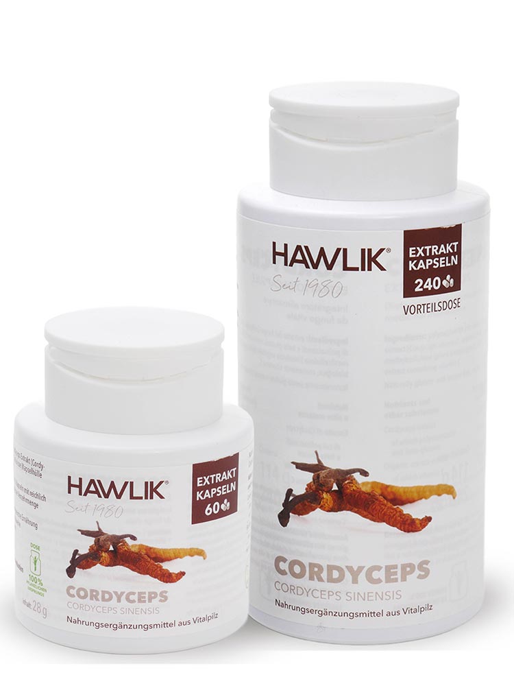 Vor weissem Hintergrund zwei weisse Kunststoffdosen - links die kleine, rechts die grosse Dose, darauf Etiketten mit der Aufschrift Cordyceps