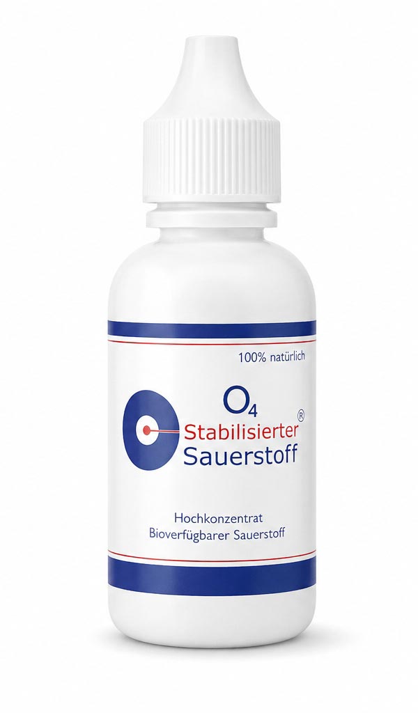 Weiße 60-ml-Tropfflasche mit weißem Schraubverschluss und blau-rotem Etikett für stabilisierten Sauerstoff, freigestellt vor weißem Hintergrund