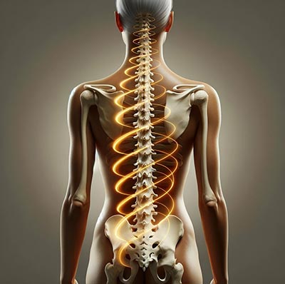 Computergrafik der oberen Hälfte eines Frauenkörpers von hinten, die Knochen sind sichtbar wie bei einer Röntgenaufnahme, um die Wirbelsäule schwingt eine orange leuchtende Doppelspirale