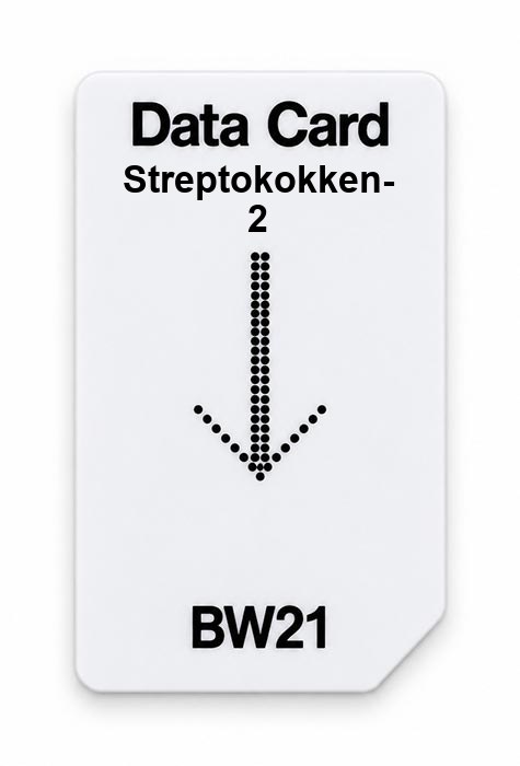 Frequenz-Chipcard Streptokokken-2 für BW21 Zapper – weiße Datenkarte mit Aufdruck Data Card und BW21, Kürzel Streptokokken-2 und Punktpfeil für die Einsteckrichtung