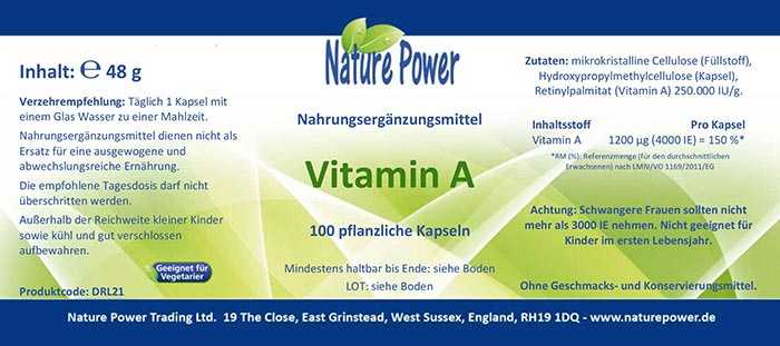 Vitamin A von Nature Power - Produktdetails auf dem Etikett