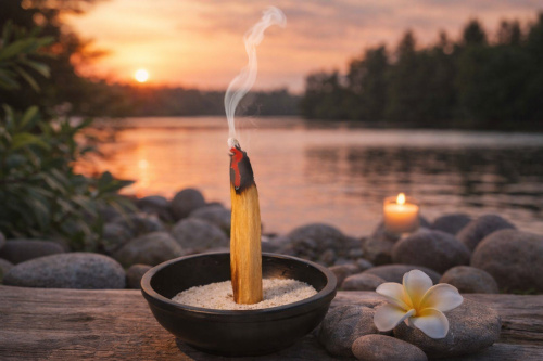 Palo Santo in einer Räucherschale in gemütlichem Ambiente