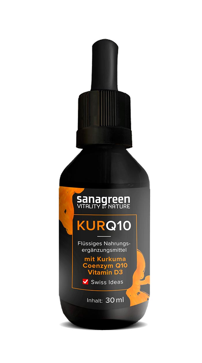 Vor weissem Hintergrund eine schwarze Flasche mit orangefarbenen Flecken und der Aufschrift KurQ10