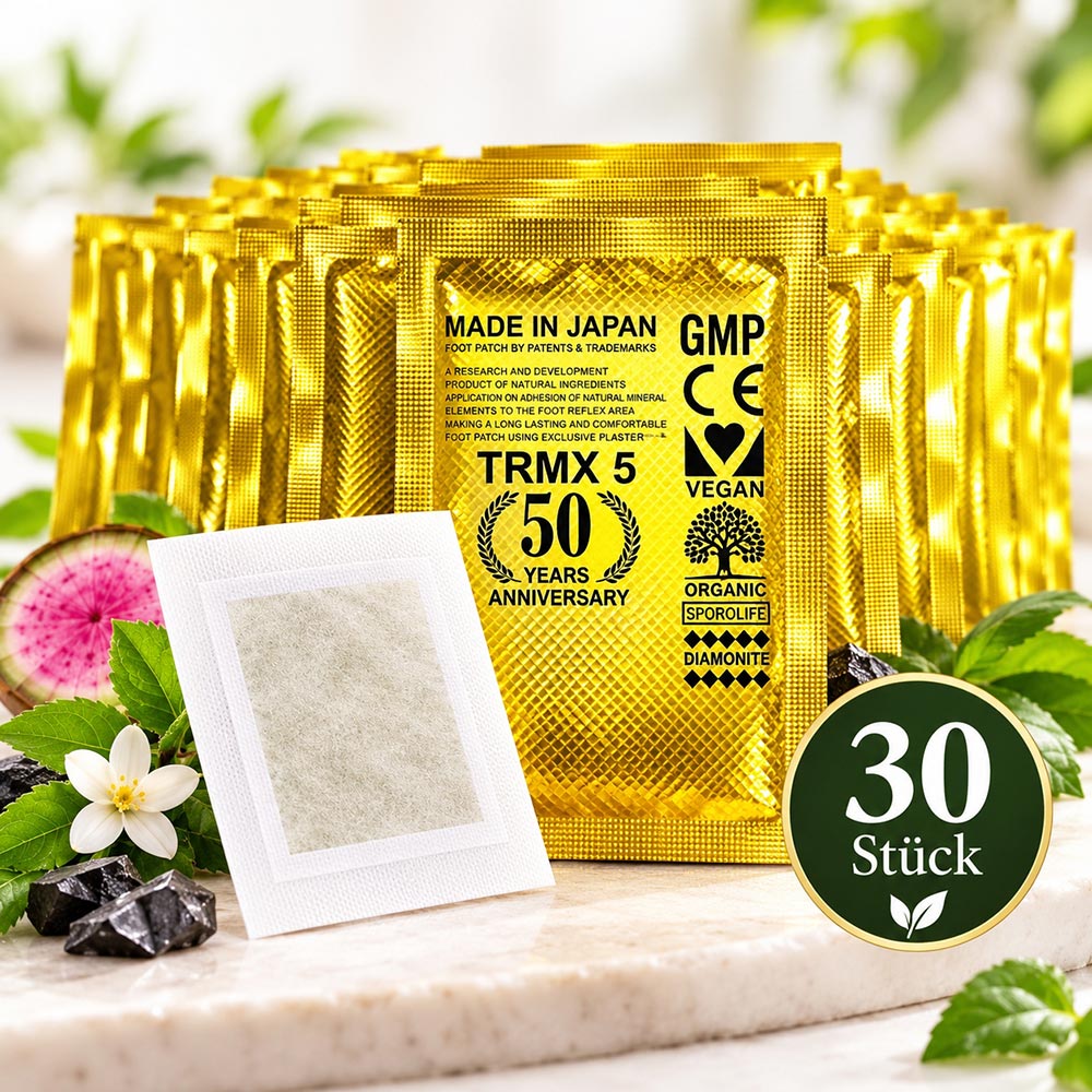 KENRICO TRMX 5 Vitalpflaster – 30er-Pack mit goldfarbenen Einzelverpackungen und einem weißen Kräuterpflaster, dekoriert mit Pflanzen und Mineralien.