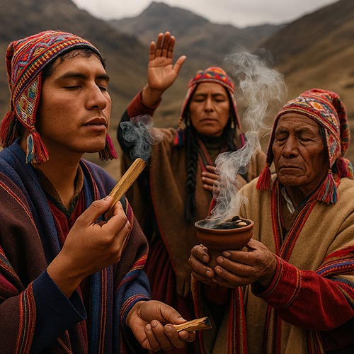 Drei Indios in traditioneller Tracht räuchern Palto Santo, im Hintergrund Berge