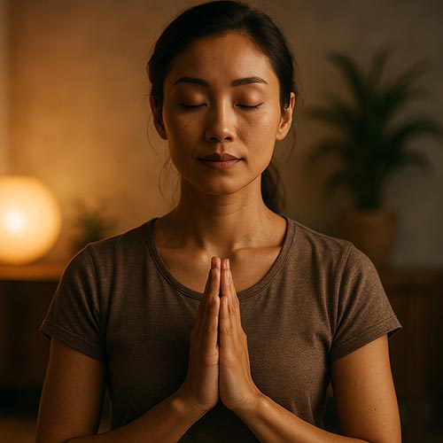 Eine asiatisch aussehende Frau mit geschlossenen Augen und aneinandergelegten Handflächen. Alles in Brauntönen