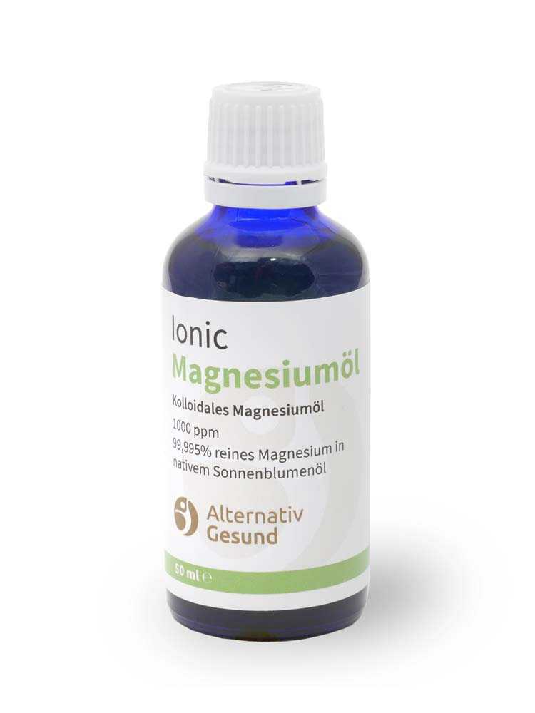 Kolloidales Magnesiumöl von Alternativ Gesund - spüren Sie die Wirkung des Magnesiums auf der Haut! ✓ 50ml Blauglasflasche ✓ hochkonzentriert mit 1000 ppm ✓ 14 Monate haltbar ✓ mit Protonenresonanz hergestellt