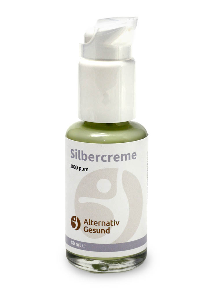 Ein Glasfläschchen mit weissem Dosierspender und hellem Etikett, auf dem Silbercreme steht