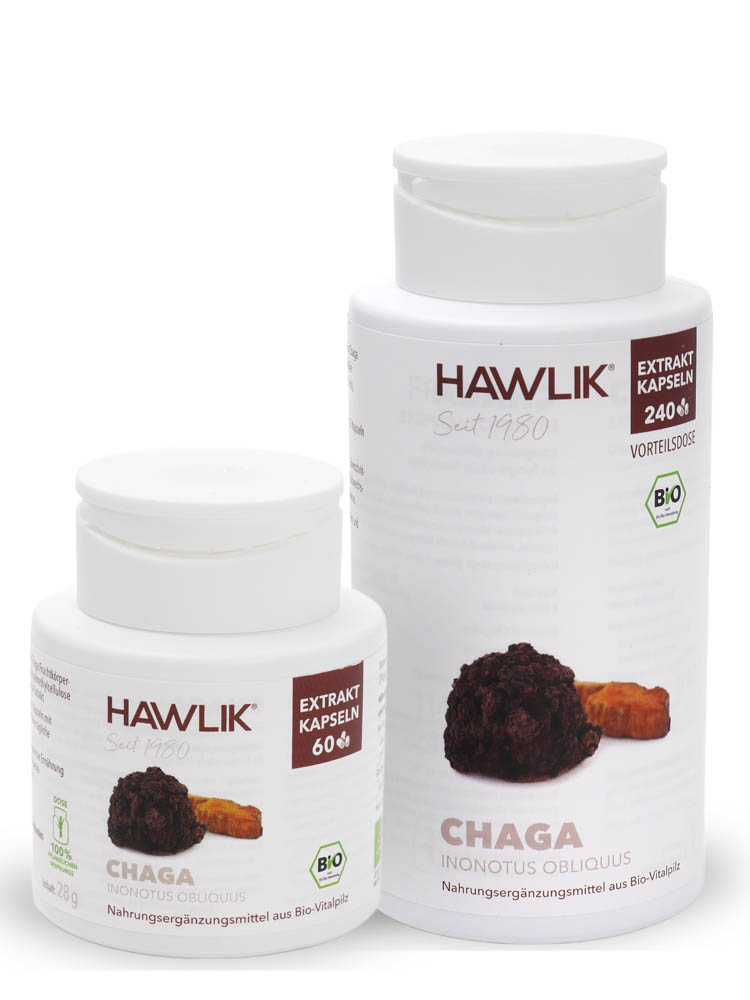 Vor weissem Hintergrund zwei weisse Kunststoffdosen - links die kleine, rechts die grosse Dose, darauf Etiketten mit der Aufschrift Chaga