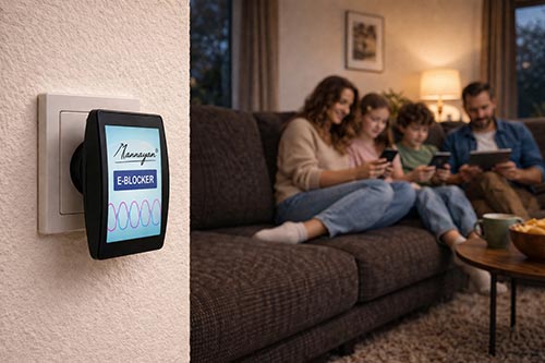 Unscharf im Hintergrund eine Familie vor digitalen Geräten, links im Vordergrund der E-Blocker Home in der Steckdose