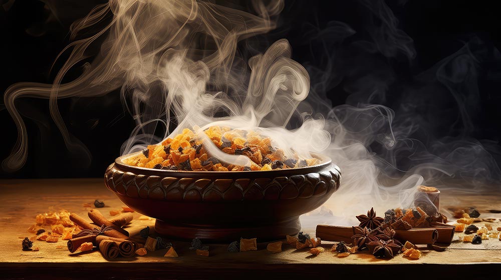 Viele goldfarbene Weihrauchkugeln liegen in einer Schale und rauchen, vor schwarzem Hintergrund. Neben der Schale weitere Harze, Zimt und Sternanis