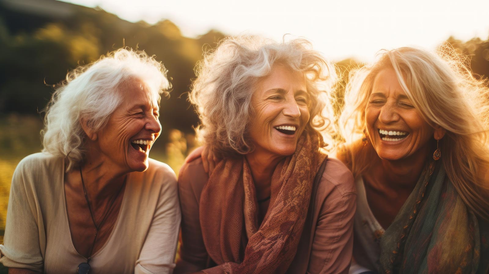 Drei ältere Frauen mit grauen langen Haaren vor Sonnenuntergang-Stimmung, die herzlich lachen und sich anschauen. Durch Monoatomisches Gold sind sie glücklich