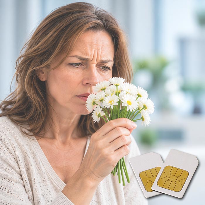 Frau schnuppert mit irritiertem Gesicht an weißen Blüten – TCM-AK2 Frequenz-Chipcard für Diamond Shield
