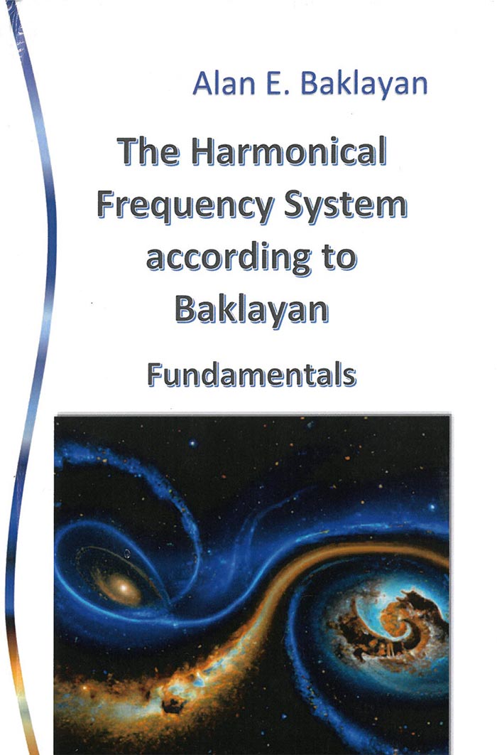 A white book cover with the blue inscription The Harmonical Frequency System according to Baklayan