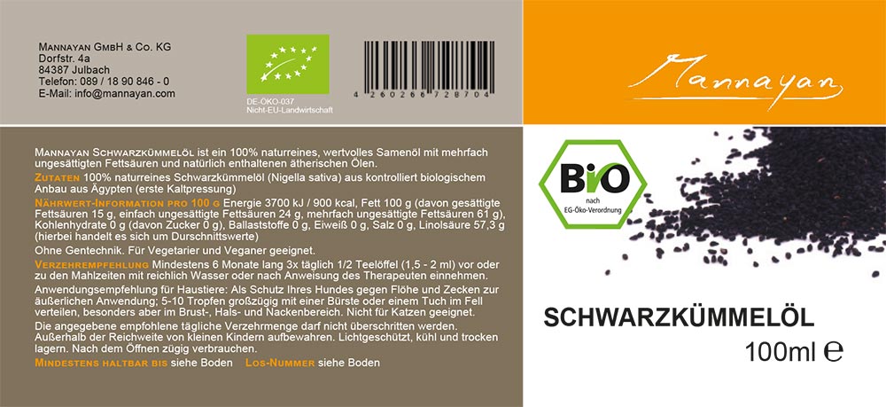 Ein breites Rechteck mit unterschiedlichen Farbflächen: hellgrau, dunkelgrau, orange, weiß und der Schrift "Schwarzkümmelöl Bio"