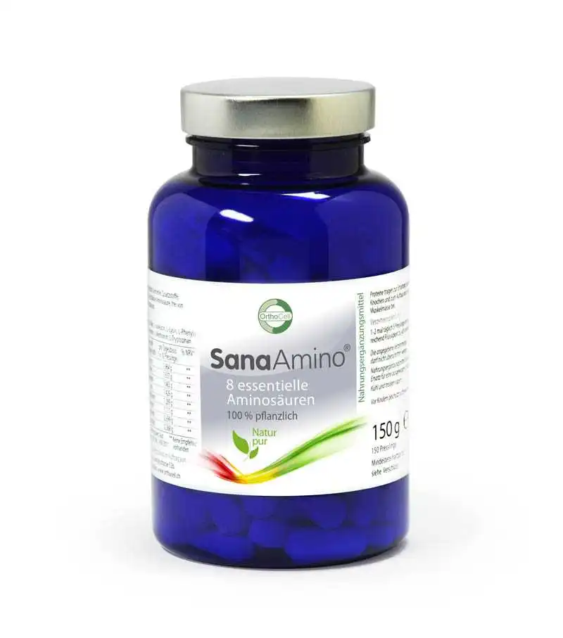 SanaAmino mit 8 essentiellen Aminosäuren im wertvollen Blauglas