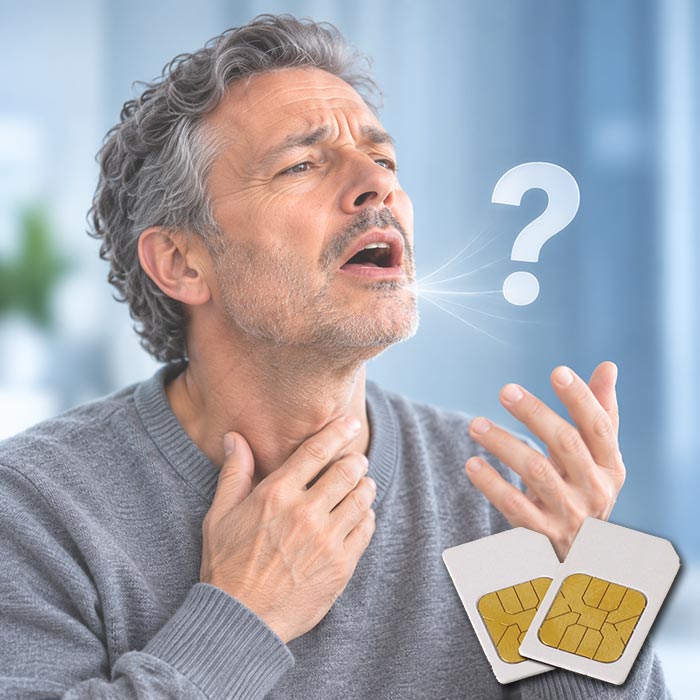 Mann versucht zu singen, Fragezeichen vor dem Mund – TCM-AK3 Frequenz-Chipcard für Diamond Shield