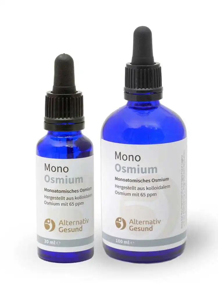 Monoatomic Osmium from Alternativ Gesund ✓blue glass bottles in 30ml or 100ml ✓ made from 65 ppm colloidal osmium ✓ 18 months shelf life ✓ Very high yield.
