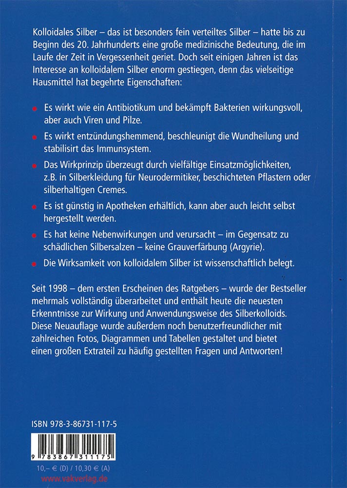 Eine dunkelblaue Fläche mit weißer Schrift - Rückentext des Buches Immun mit kolloidalem Silber