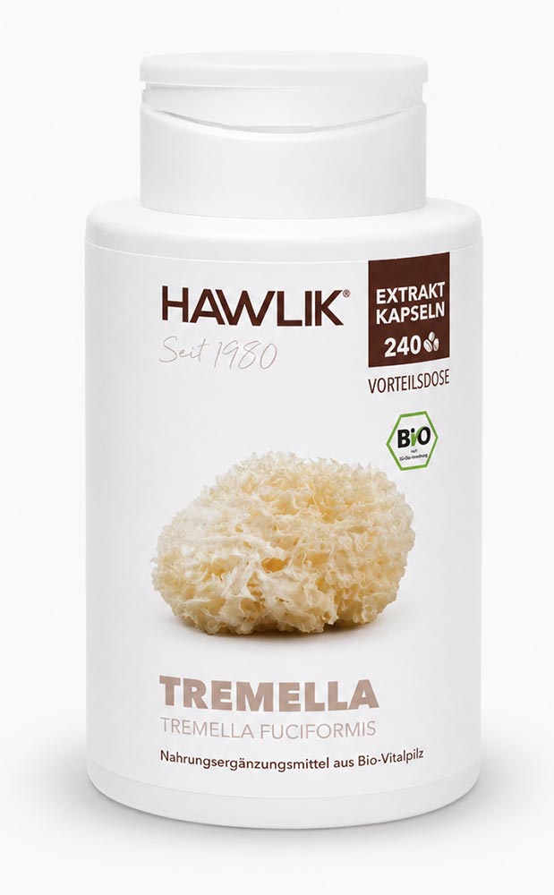 Vor weißem Hintergrund eine große, weiße Kunststoffdose mit einem Foto des weiss-gelben Heilpilzes Tremella darauf