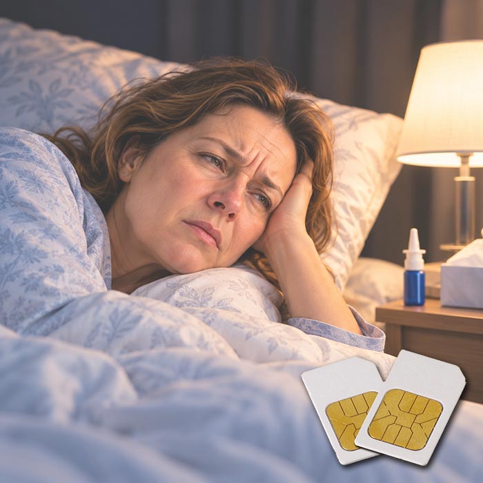 Genervte Frau liegt nachts wach im Bett, Nasenspray auf dem Nachttisch – TCM-AK5 Frequenz-Chipcard für Diamond Shield
