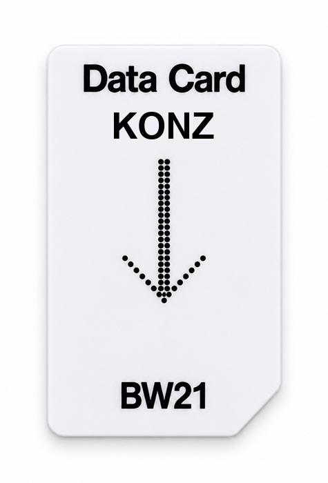 Frequenz-Chipcard KONZ für BW21 Zapper – weiße Datenkarte mit Aufdruck Data Card und BW21, Kürzel KONZ und Punktpfeil für die Einsteckrichtung
