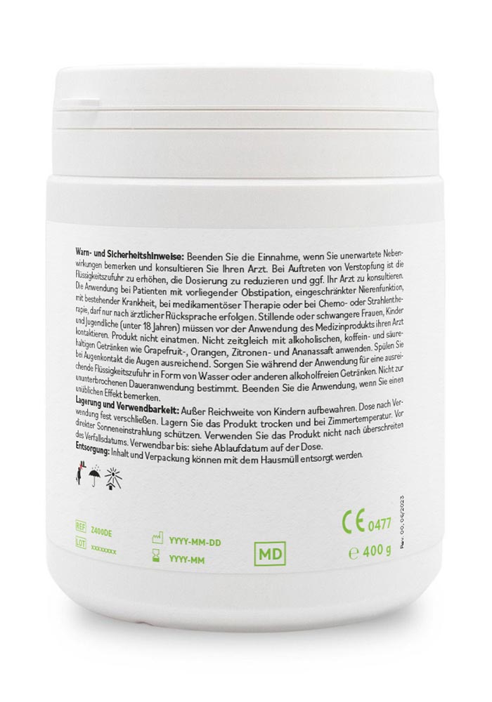 Rückseite einer Dose Zeolith Pulver mit Sicherheitshinweisen