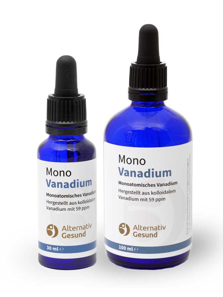 Monoatomisches Vanadium von Alternativ Gesund ✓ blaue Glasflaschen in 30ml oder 100ml ✓ aus 59 ppm kolloidalem Vanadium hergestellt ✓ 18 Monate haltbar ✓ Sehr ergiebig
