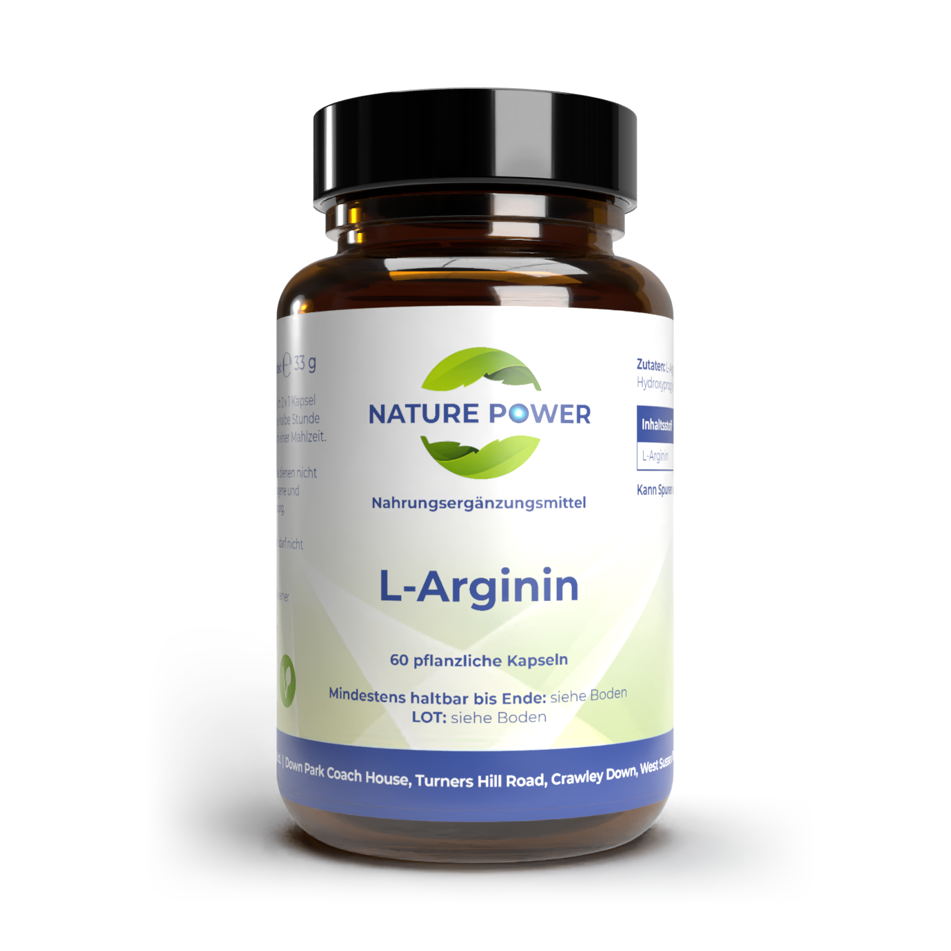 Vor weissem Hintergrund eine braune Weithals-Glasflasche mit weiss-blau-grünem Etikett, auf dem steht L-Arginin