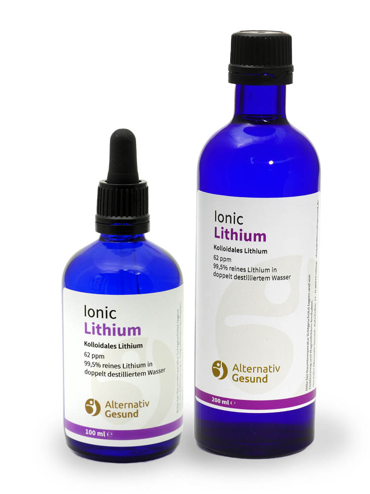 Zwei blaue Glasflaschen unterschiedlich gross, mit hellem Etikett, auf dem Ionic Lithium steht. 99,95% reines Lithium in doppelt destilliertem Wasser
