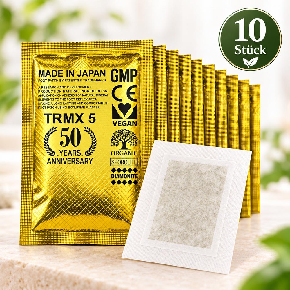 KENRICO TRMX 5 Vitalpflaster – 10 goldene Einzelverpackungen mit einem weißen Kräuterpflaster im Vordergrund, hergestellt in Japan.