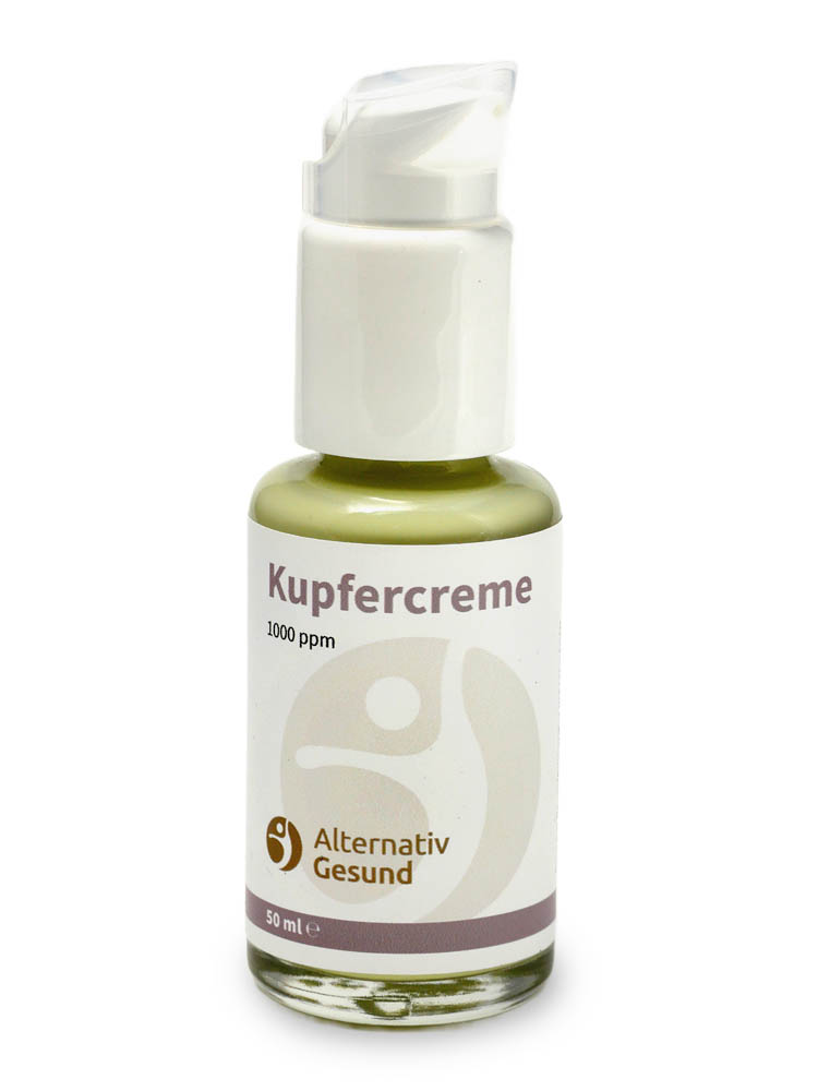 Ein Glasfläschchen mit weissem Dosierspender und hellem Etikett, auf dem Kupfercreme steht