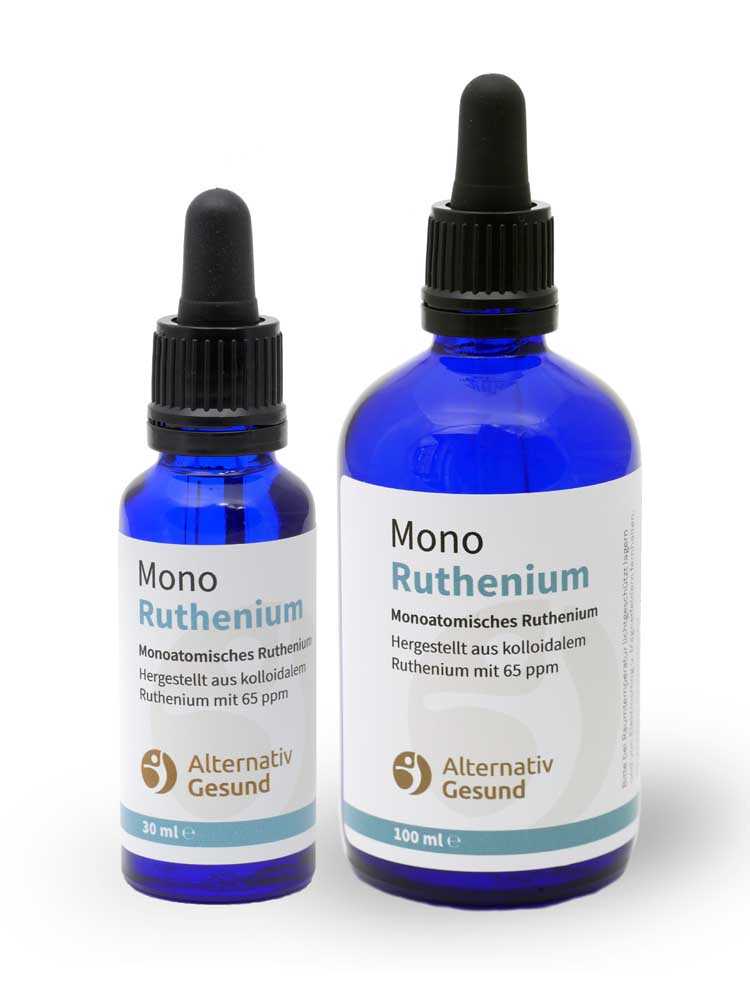 Monoatomic Ruthenium from Alternativ Gesund ✓blue glass bottles in 30ml or 100ml ✓ made from 65 ppm colloidal ruthenium ✓ 18 months shelf life ✓ Very high yield.