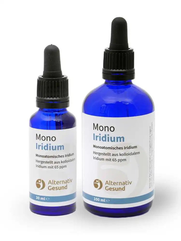 Monoatomic Iridium from Alternativ Gesund ✓blue glass bottles in 30ml or 100ml ✓ made from 65 ppm colloidal iridium ✓ 18 months shelf life ✓ Very high yield.