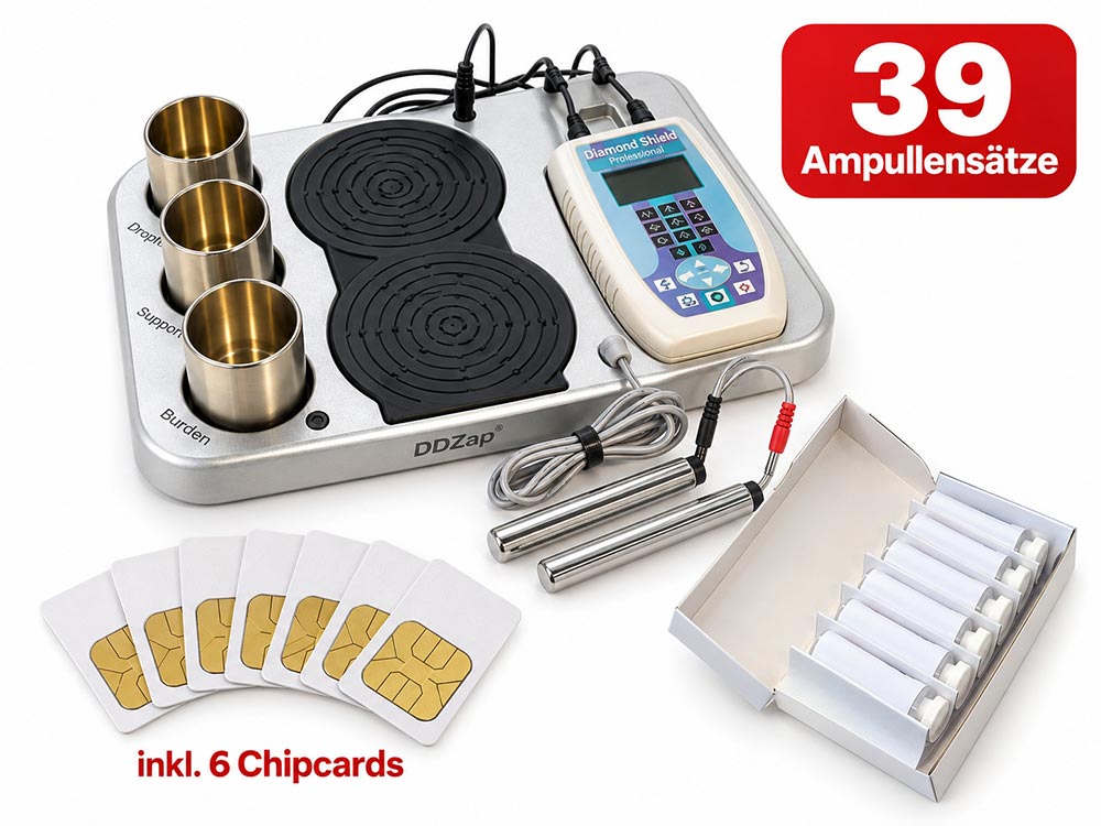 DDZap All-inclusive Pack mit Diamond Shield Professional Zapper, schwarzem Fraktal-Verstärker, 3 Metallbechern, DDZap-Ampullensatz und 6 Chipcards.