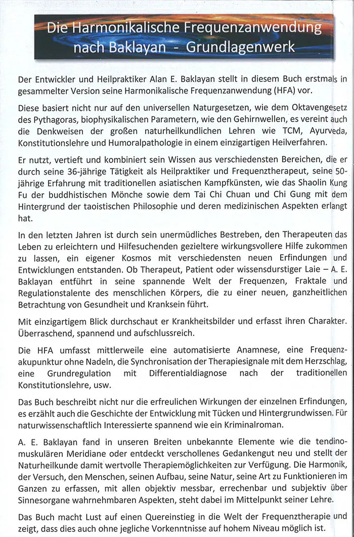 BUCH Alan Baklayan: Die harmonikalische Frequenzanwendung nach Baklayan, Rückentext