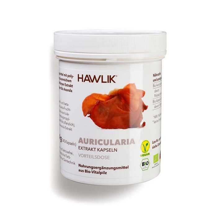 Vorschau: Vitalpilz Auricularia - Vorschau: Eine weisse Kunststoff-Dose mit der Aufschrift Hawlik Auricularia - 60 Vitalpilz Extrakt-Kapseln