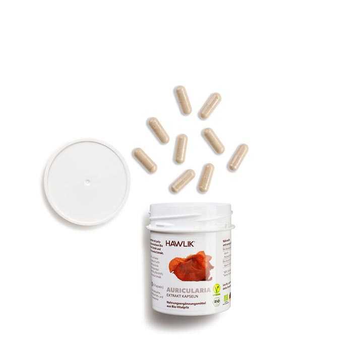 Vorschau: Vitalpilz Auricularia - Vorschau: Eine weisse Kunststoff-Dose mit der Aufschrift Hawlik Auricularia - 60 Vitalpilz Extrakt-Kapseln