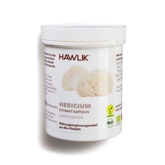 Vorschau: Vitalpilz Hericium - 60 Vorschau: Weisse Kunststoff-Dose mit der Aufschrift Hawlik Hericium Extrakt Kapseln