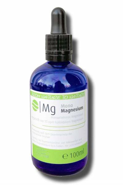 Vorschau: Monoatomisches Magnesium Vorschau: Blaue Glasflasche mit der Aufschrift Monoatomisches Magnesium 100 Milliliter - aus 55ppm kolloidalem Magnesium hergestellt