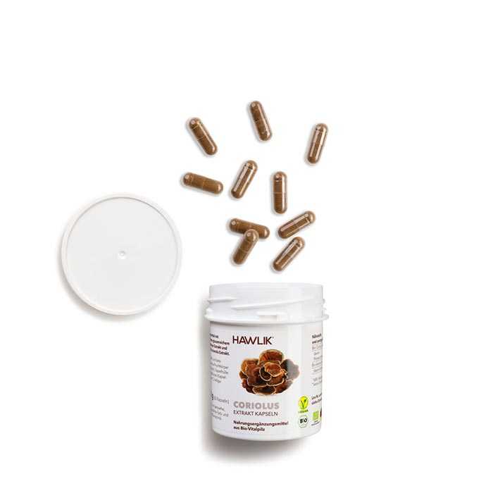 Vorschau: Vitalpilz Coriolus - 60 Vorschau: Eine weisse Kunststoff-Dose mit der Aufschrift Hawlik Coriolus - 60 Vitalpilz Extrakt-Kapseln