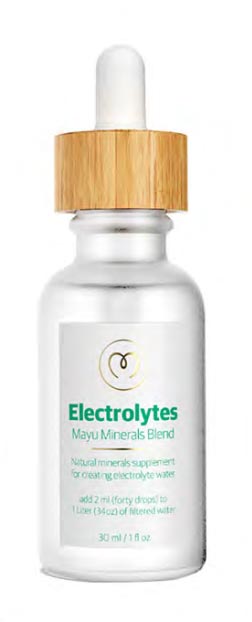 Weisses Glasfläschchen mit Aufschrift "Electrolytes", mit Bambusdeckel und integrierter Pipette vor weissem Hintergrund