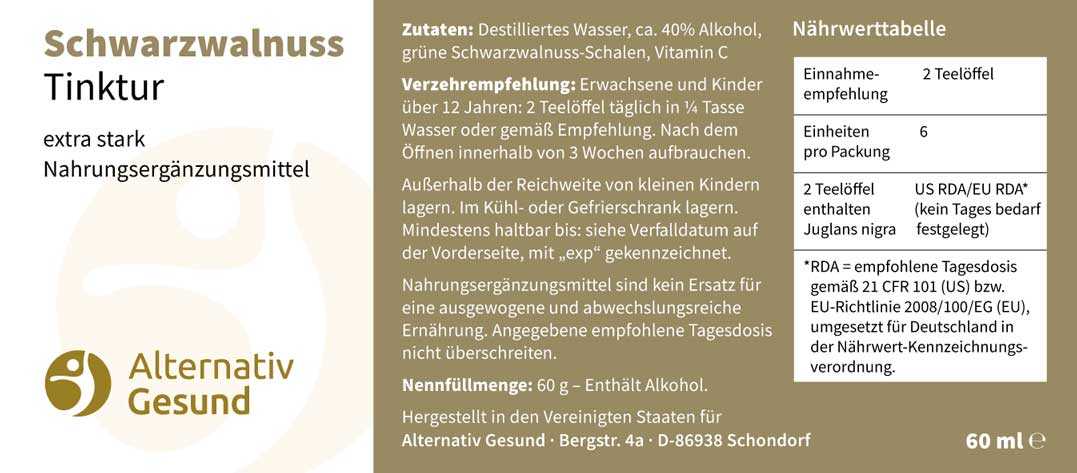 Vorschau: Schwarzwalnusstinktur 60 Vorschau: Zwei braune Flaschen unterschiedlich gross, mit weissem Etikett, auf dem steht Schwarzwalnuss-Tinktur extra stark