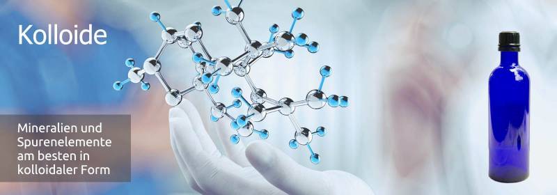 Eine weisse Hand hält das Modell eines Moleküls. Darauf die Schrift Kolloide und eine blaue Glasflasche mit Kolloid