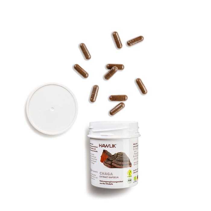 Vorschau: Vitalpilz Chaga - 60 Vorschau: Eine weisse Kunststoff-Dose mit der Aufschrift Hawlik Chaga - 60 Vitalpilz Extrakt-Kapseln